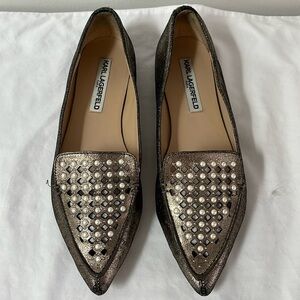 KARL LAGERFELD Metallic copper pointed toe cutout with pearl ballet flats 7.5